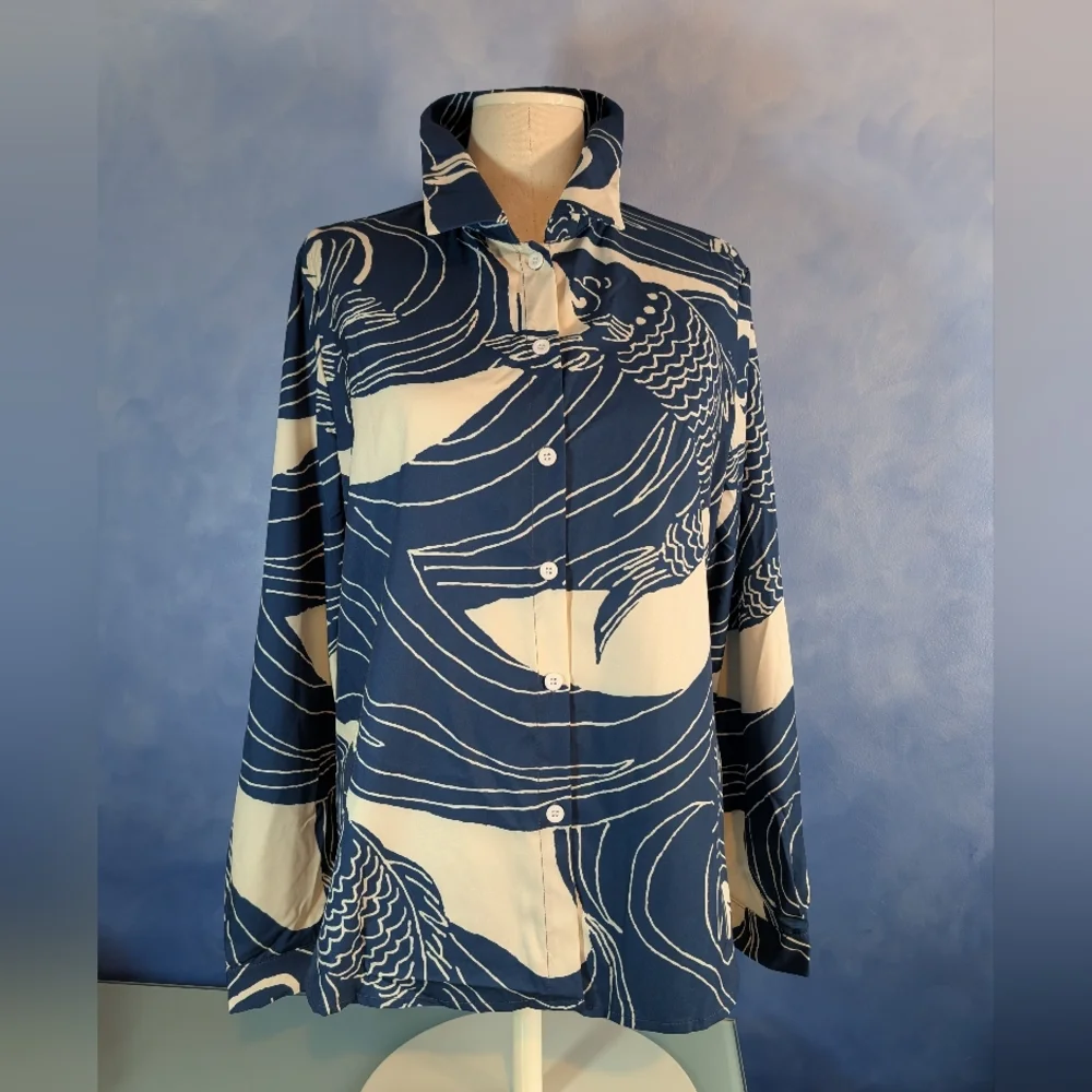 Asian Artist Inspired Navy and White Fish Print Blouse - Picture 2 of 6